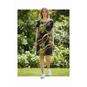 Dina Weis Women's Floral Shift Swing Dress Short Sleeve Black Botanical Size L